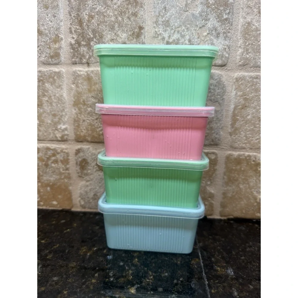 VTG Set Of 4 Goody Handi Boxes Storage Containers Pastel Colors Plastic Lids‎